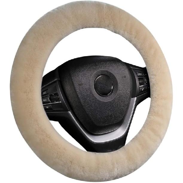 Fluffy Wool Sheepskin Fuzzy Black Car Steering Wheel Cover For Universal Auto Steering Wheel 14 1/2-15 1/2Inch, Anti-Slip, Soft Plush, Comforting And