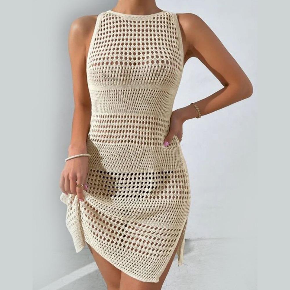 

See-Through Plaid Sheer Cover Solid Color Beach Knitted Dress Swimwear Sunscreen Cover Beach