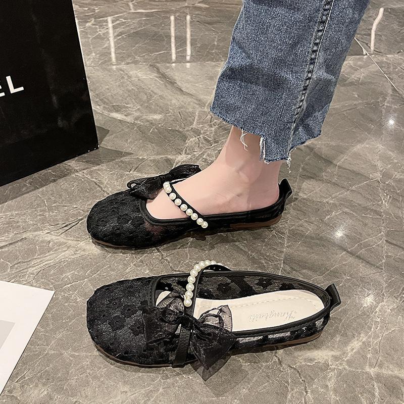 Women's Shoes Single Shoes Gentle Wind Bow Summer Thin Mesh Breathable One Pedal Flat Lazy Maternity Shoes