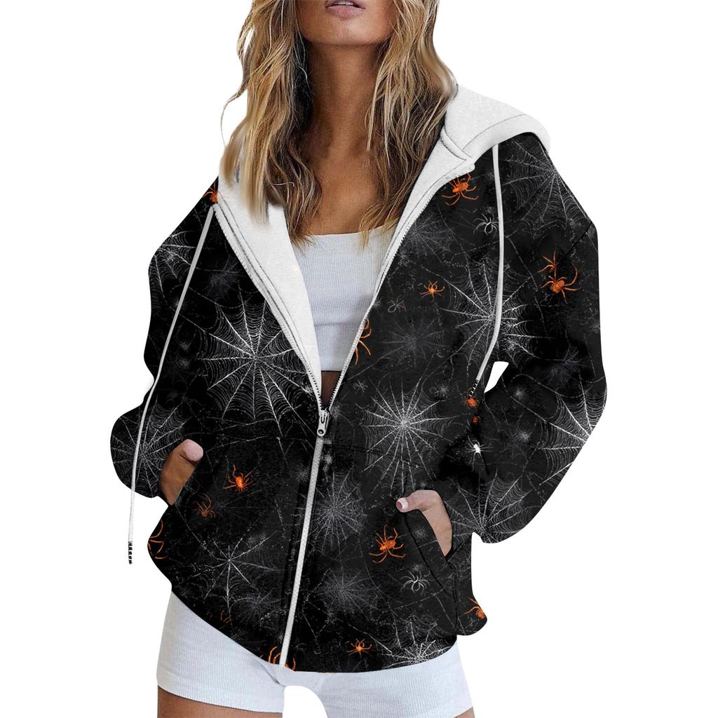Damenmode, lässig, Halloween-bedrucktes Sweatshirt, langärmelig, mit Tasche, Strickjacke, Jacke, Reißverschluss, Kapuzenmantel