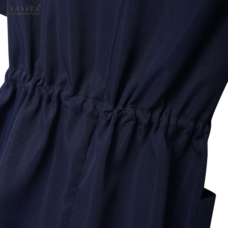 ZANZEA Women Casual Turn Down Collar Loose Short Sleeve Drawstring Dress
