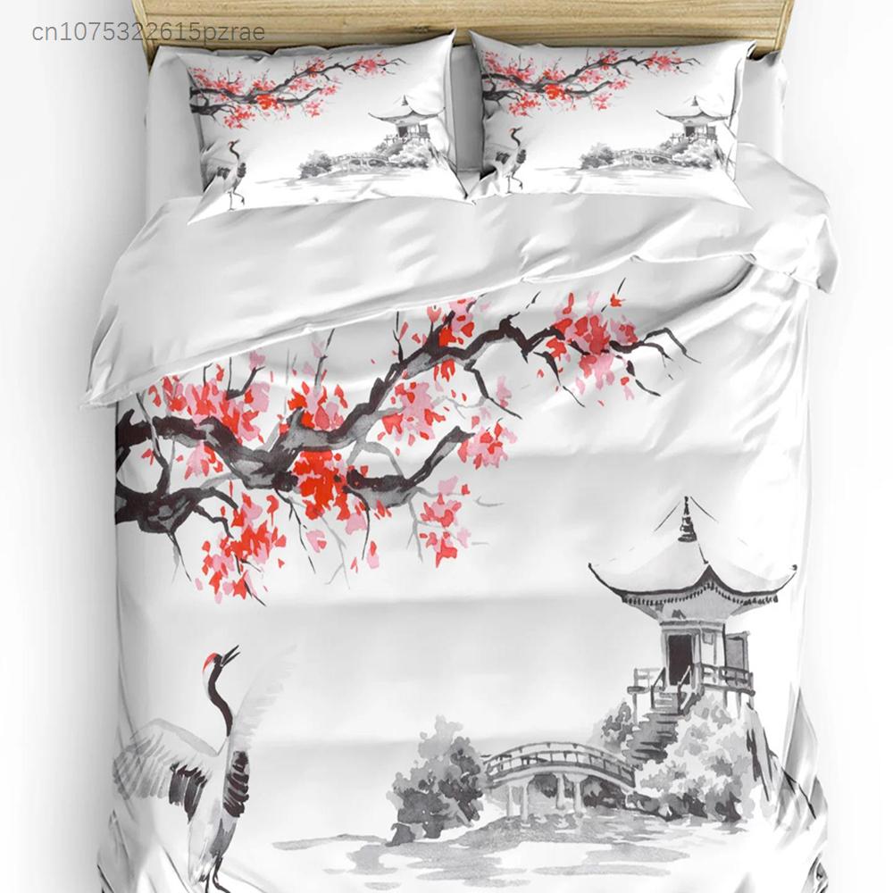 Set Biancheria da Letto Stile Giapponese Gru Fiori di Ciliegio Vintage 3 Pezzi per Letto Matrimoniale Tessili per la Casa Copripiumino Coperta Federa