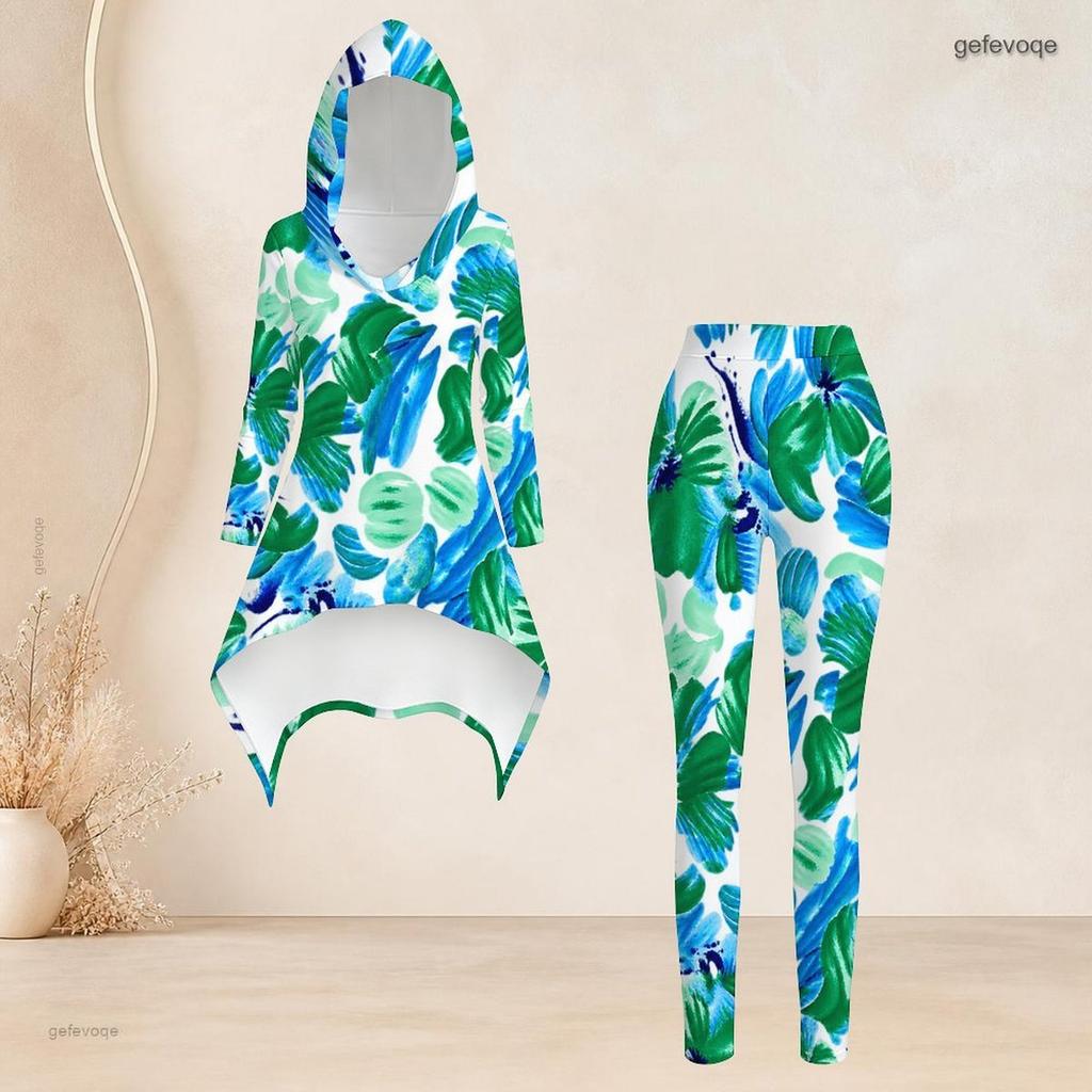 Women Plus Size 2 Piece Outfit Hooded Long Sleeve Tropical Leaf Printed High Low Top Fitted Pants