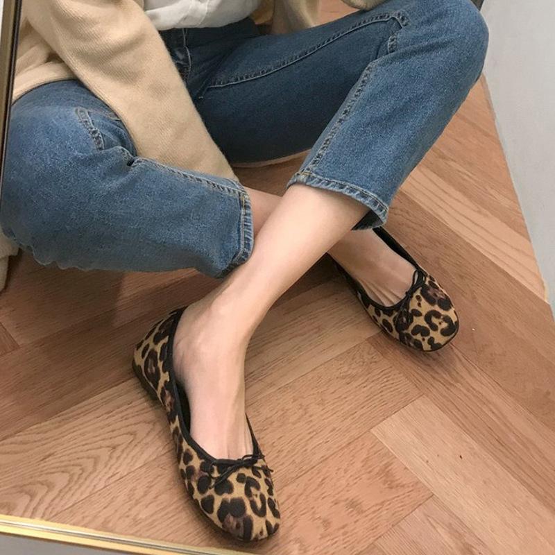 Fashion Leopard Flock Single Shoes Woman Bow-tied Shallow Loafers New Comfort Slip On Lazy Moccasins Leisure Round Toe Ballet Flat Shoes