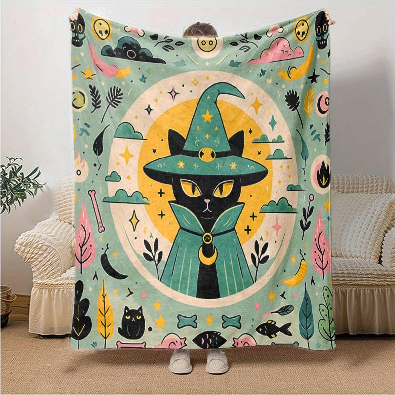1pc Green Wizard Cat Blanket Soft Throw for Home Decor, Perfect Gift for All Seasons, Living Room, Travel, Camping, Car Blankets