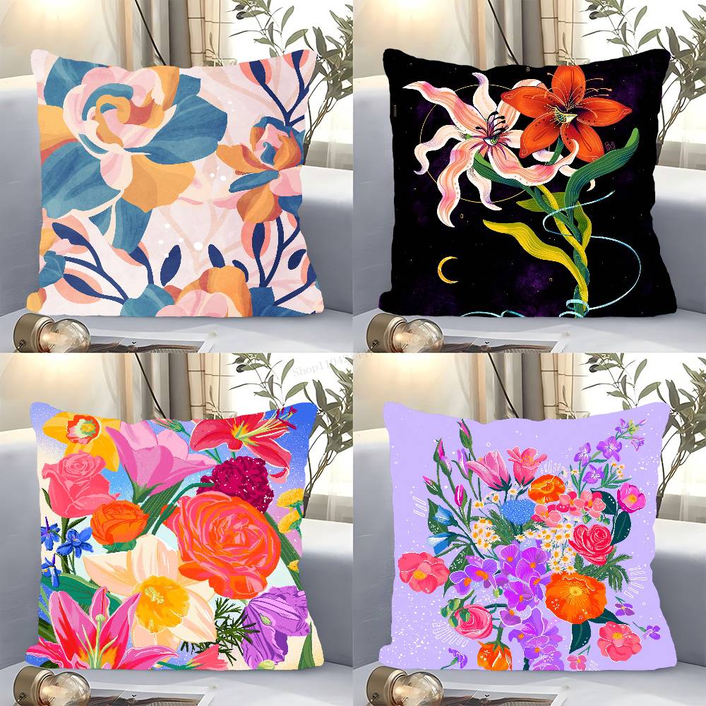 Flower Art Pillow Case Fashion Square Pillowcase Bedroom Sofa Room Ins Decoration Leisure