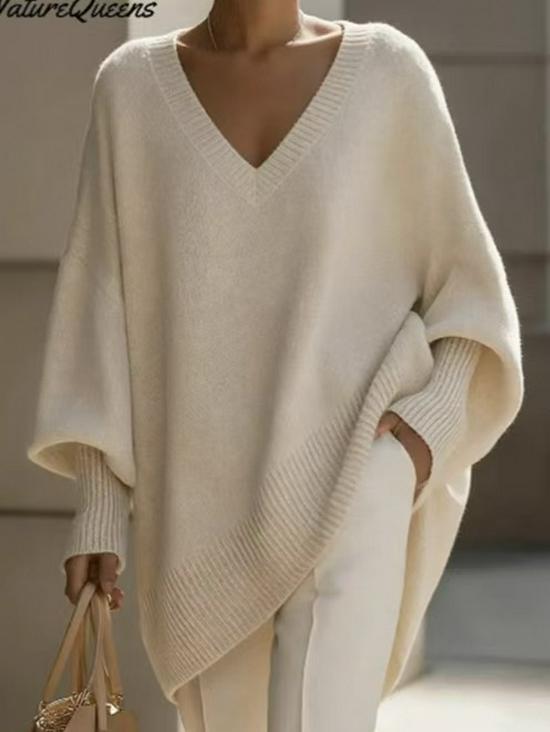 Women's Mid-Length V-Neck Long Sleeve Solid Color Knit Sweater, 2026 Collection