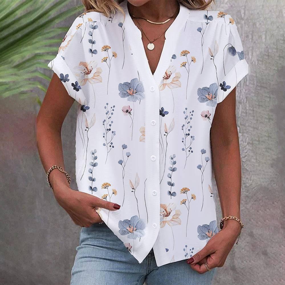 Women S Casual Stand Collar Short Sleeve Regular Fit Digital Print Cardigan Shirt S
