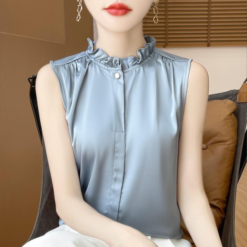 Women Beige Sleeveless Blouse With Ruffle Neck And Button Down Casual Silk Like Summer Top