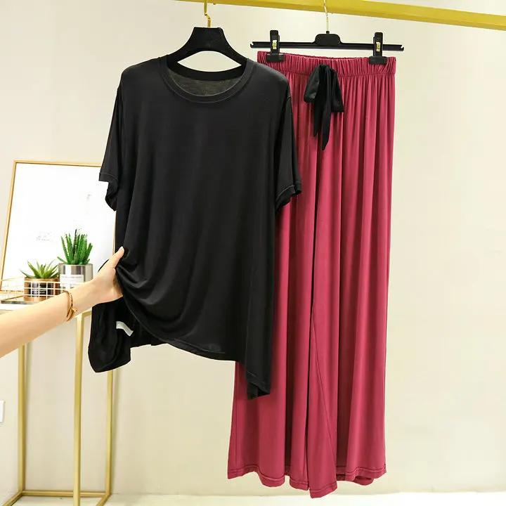 Summer Solid Color Modal Breathable Sleepwear Trousers Loose Large Size Women Pajamas Homewear Suit Casual Clothing