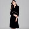 Autumn Winter Women Vintage Black Beading Chain Velvet Party Dresses