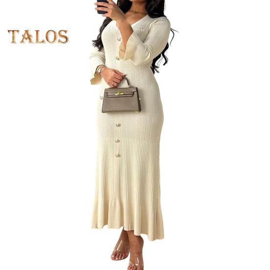 

Весна-осень женское платье с пуговицами, V-образным вырезом, длинными рукавами, облегающим кроем, лоскутным подолом, однотонное эластичное макси-платье S белый