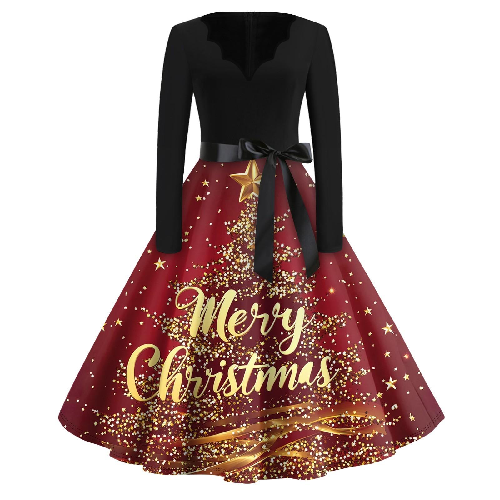

Рождественский принт расклешенное платье для женщин платье с длинным рукавом полые вечерние повседневные платья L золотой