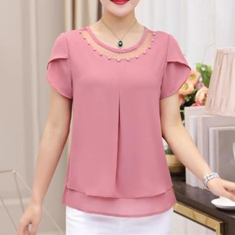 Damen T-Shirt Sommer Kurzarm Groß Chiffon Mode Rundhals Gaze Aushöhlen Patchwork Bluse Locker Mode Elegant Tops