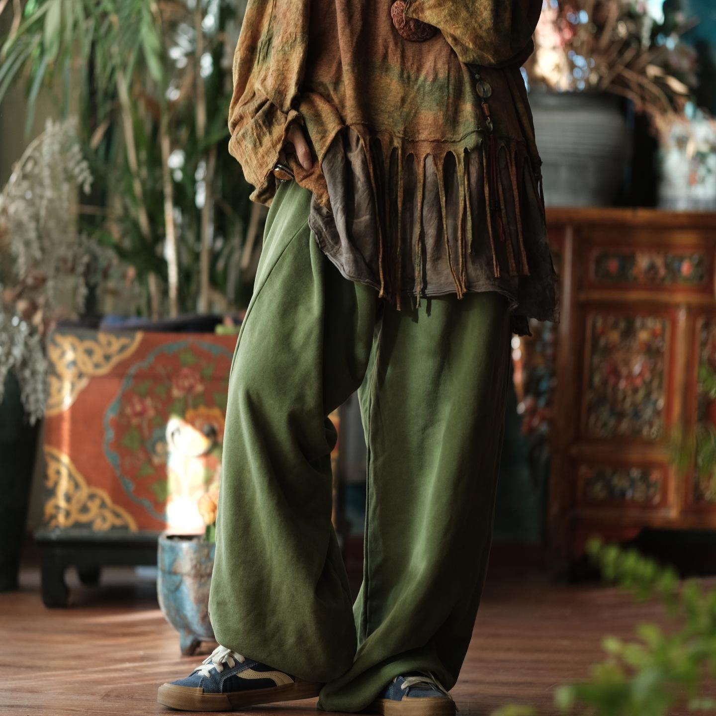 

Johnature Women Vintage Green Straight Pants Elastic Waist Cotton Soft Trousers Autumn Loose Casual Female Long Pants One Size зелений