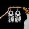 Ethnic Miao Silver Style Long Tassel Earrings with Ancient Scenic Stud Design for Women