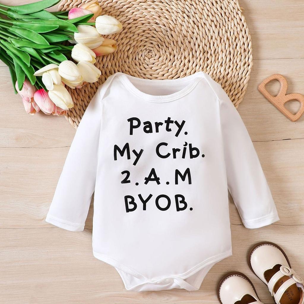 Langarm-Body mit Rundhalsausschnitt für Neugeborene, „Party“.. Niedlicher Einteiler mit „My Crib 2.AM BYOB“-Aufdruck für Mädchen und Jungen