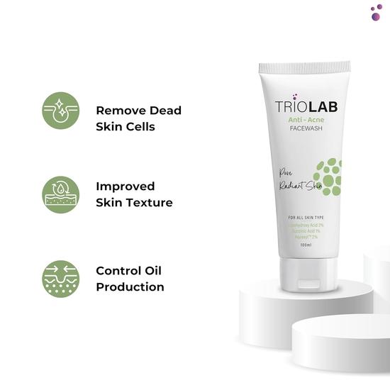 TRIOLAB Anti-Acne Face Wash | Gentle Face Wash for Oily and Acne Prone Skin | Deep Cleansing | Controls Excess Oil & Prevents Breakouts | 100ml