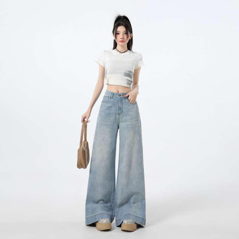 Light Blue High-Waist Wide Leg Women s Jeans - Spring Slimming Style, Loose Floor-Length Fit L
