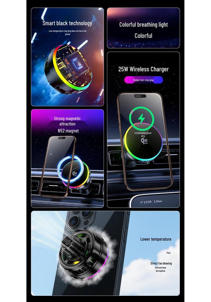 25W Wireless Car Charger Holder with Cooling Fan for iPhone 17 (Qi 2.2)
