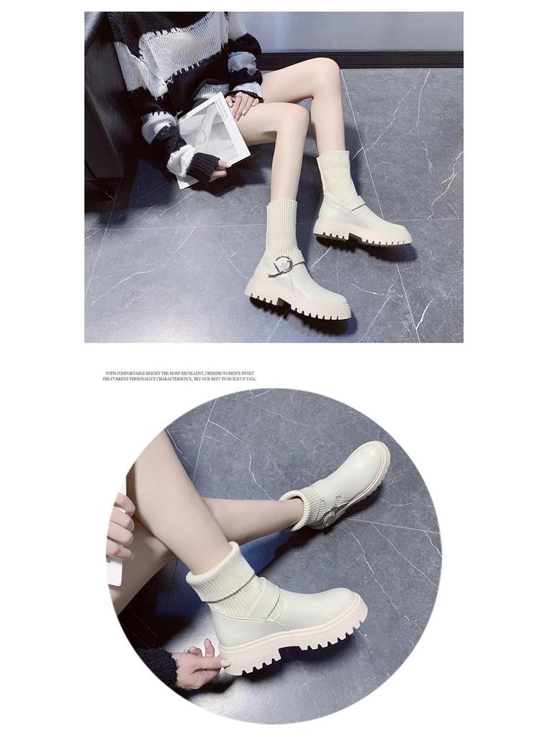 Women's Chunky Heel Knitted Wool Ankle Boots, Warm Velvet-Lined Cotton Leather Martin Style