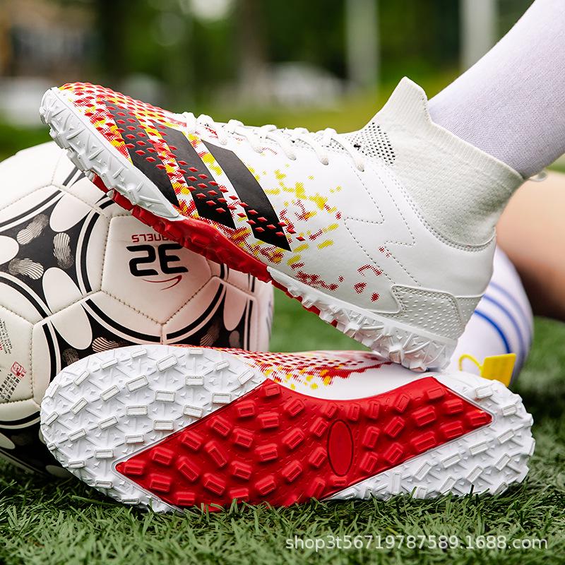 Unisex High-Top Football Shoes for Kids, Mandarin Duck Color, Long Nails, TF Artificial Grass, Student Training.