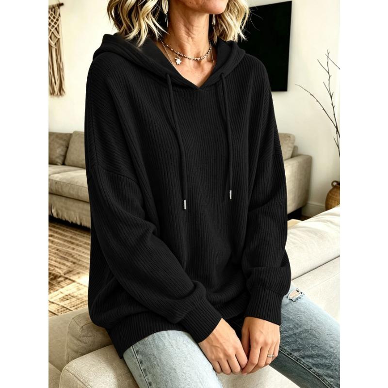 Women S Solid Drawstring Hooded Knit Loose Fit Casual Sweatshirt With Pockets