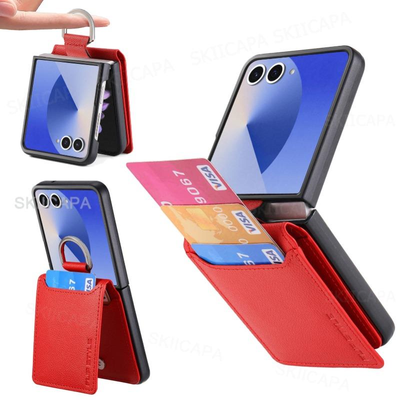 

Lychee Leather multifunction Card Slot Wallet Case for Samsung Z Flip7 Flip6 Flip5 Flip4 Flip3 Shockproof Ring Holder Cover Bag Galaxy Z Flip6 червоний