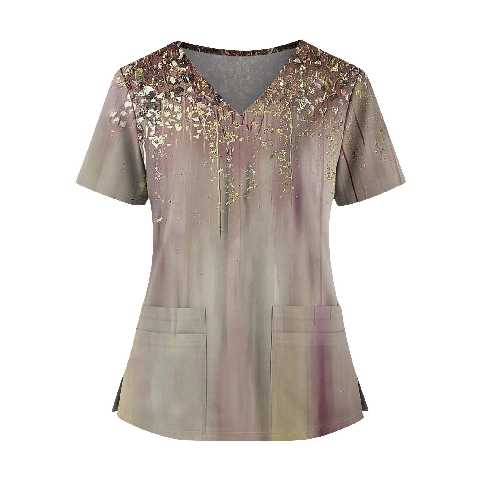 

Women s Fashionable Printed V Neck Double Pocket Short Sleeved Shirt With Slit Hem Uniform And Worker Top S