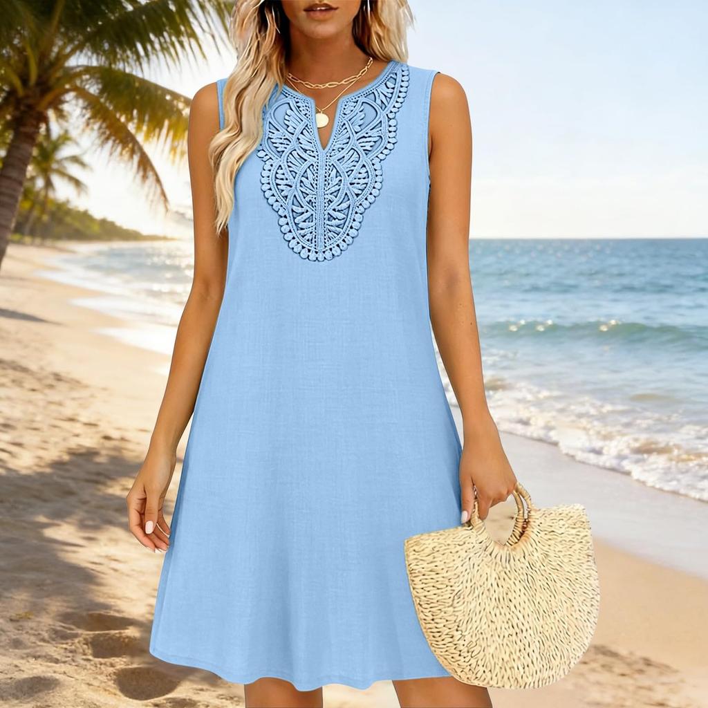 Ärmelloses Midikleid für Damen mit V-Ausschnitt, lässiges Strand-Überkleid, Sommerkleid aus Leinenmischung mit Stickerei