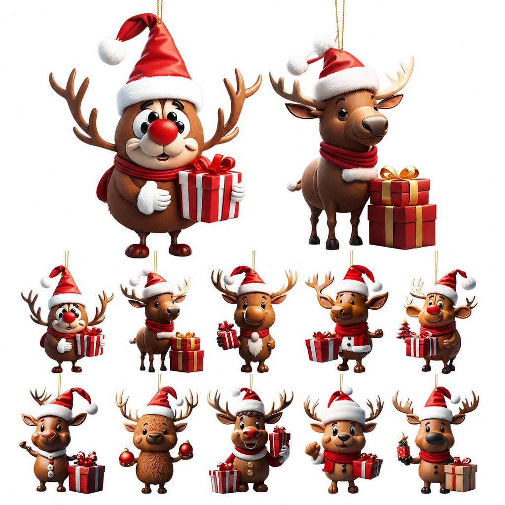 1/10 Stück Weihnachtsbaum-Anhänger Niedlicher Cartoon-Rentier Mit Weihnachtsmannmütze Design Hänger 2D Acryl-Anhänger Partyzubehör 2026
