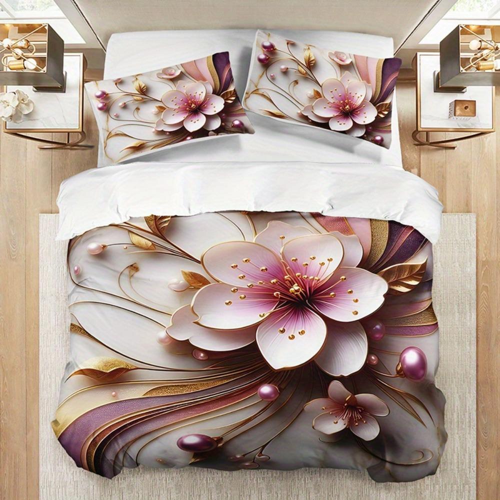 Pink Beding Set Beautiful Flower Gorgeous Design Cozy Soft Duvet Cover Set King Quen Twin Single Sized Dimensions Birthday Gift Bedrom Decor