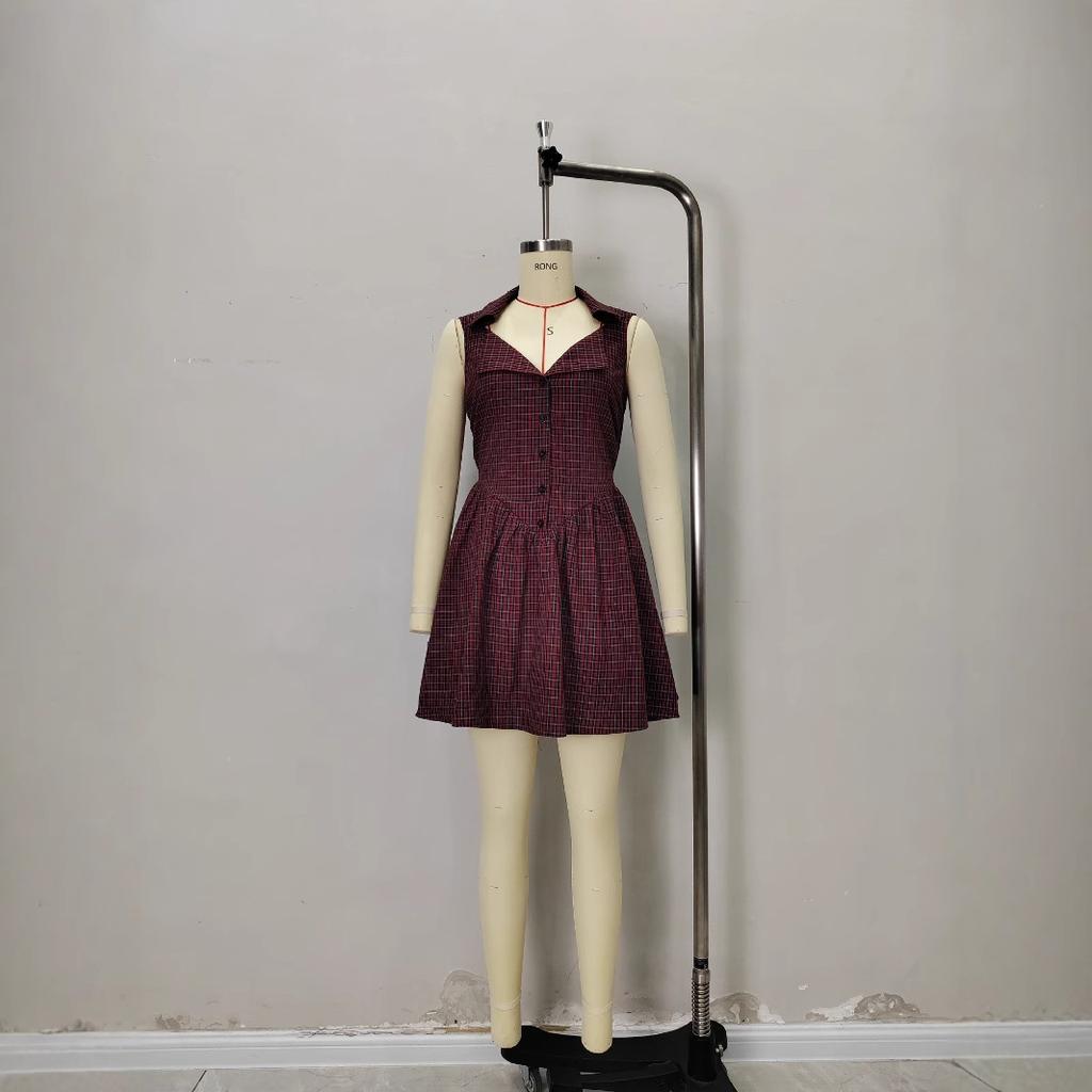 Red grid neck polo collar French retro short dress sleeveless waist thin versatile short skirt children
