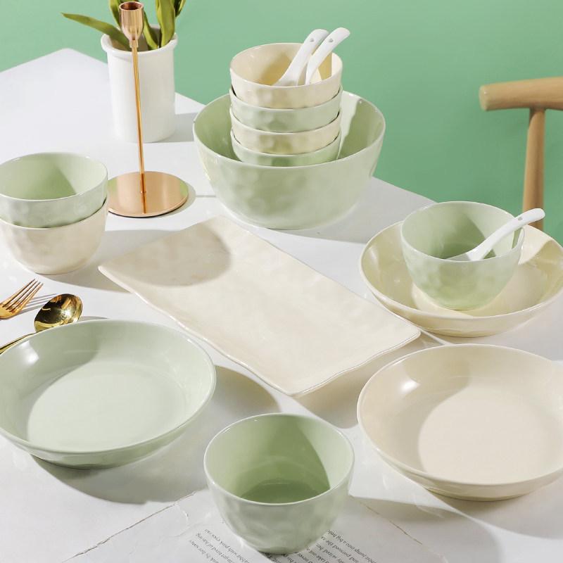 Cream Style 10-Piece Ceramic Rice Bowl Set: Round & Square Plates, Creative Internet Celebrity Tableware