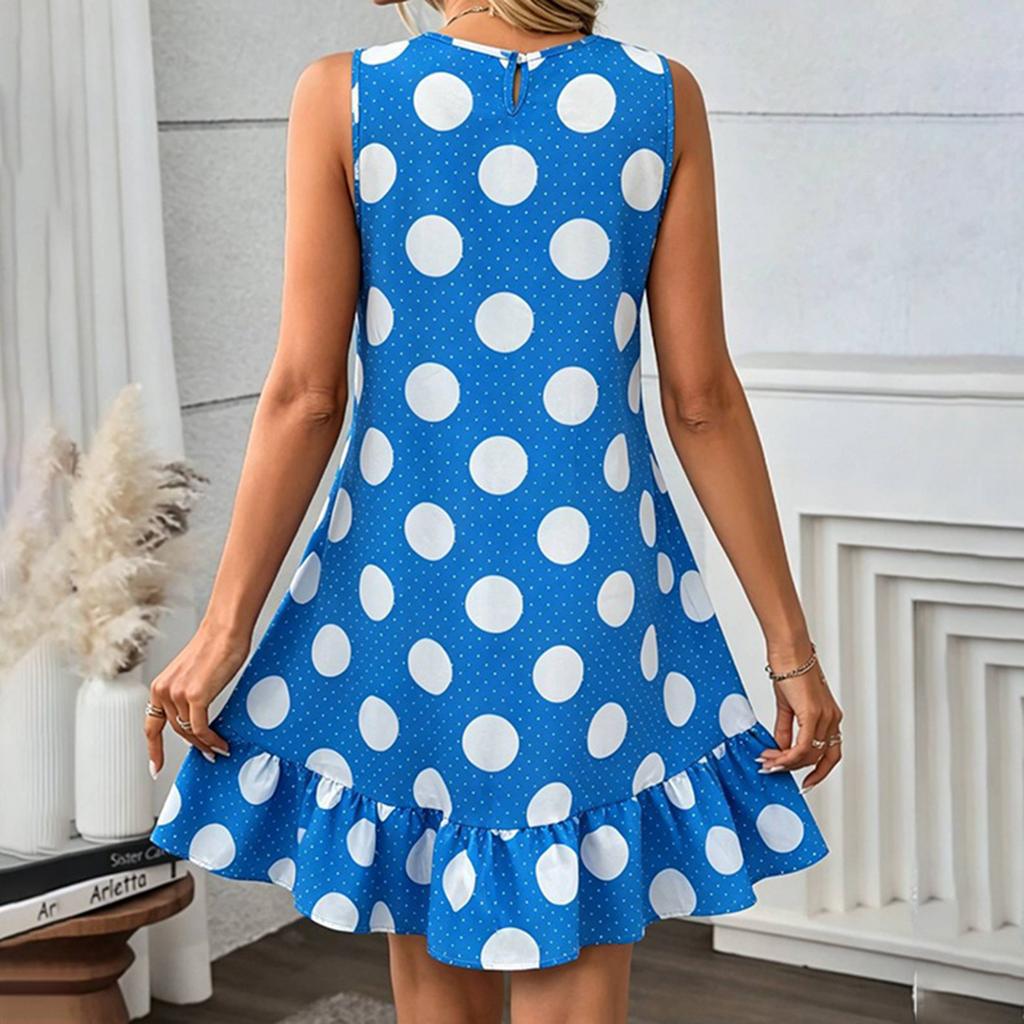 Abito Casual da Donna a Maniche Corte con Stampa Pois e Orlo, Vestito Largo per le Vacanze