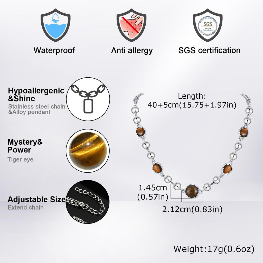 Tiger Eye Beaded Necklace for Men Boys,Hip Hop Natuiral Brown Stone Splicing Metal Beaded Collars,Cool Rock Punk Jewelry Gifts