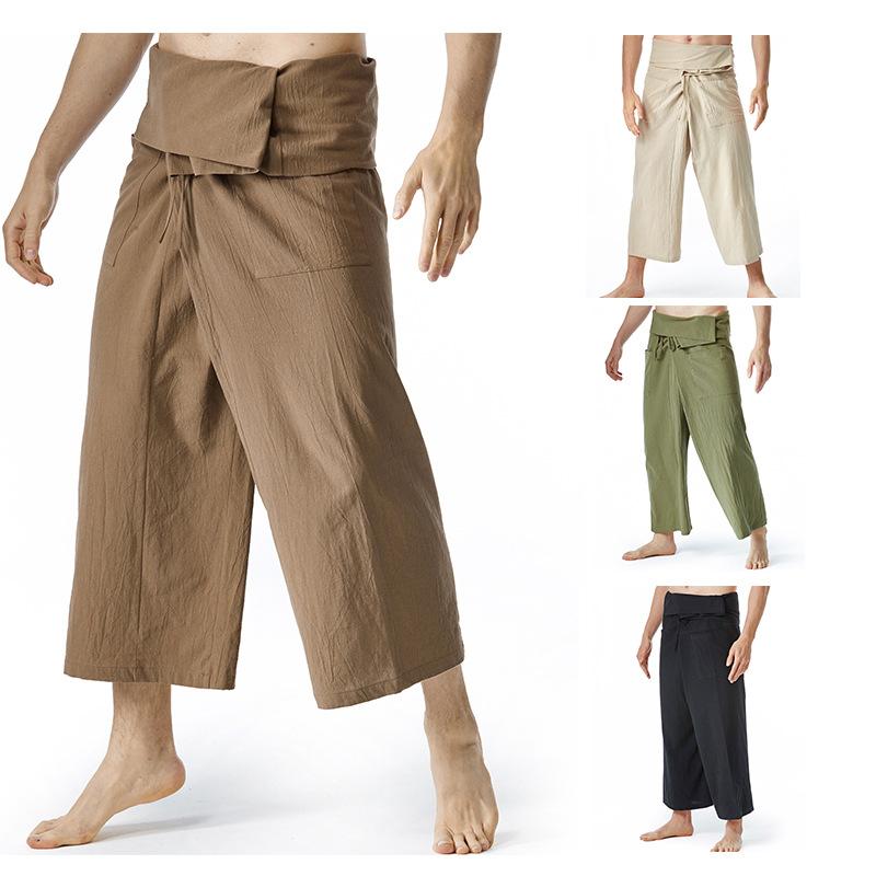 Flax Thai Fisherman Pants Loose Men Harem Trousers Solid Color Drawstring Wide Legs Martial Arts Trousers Casual Pirate Pants