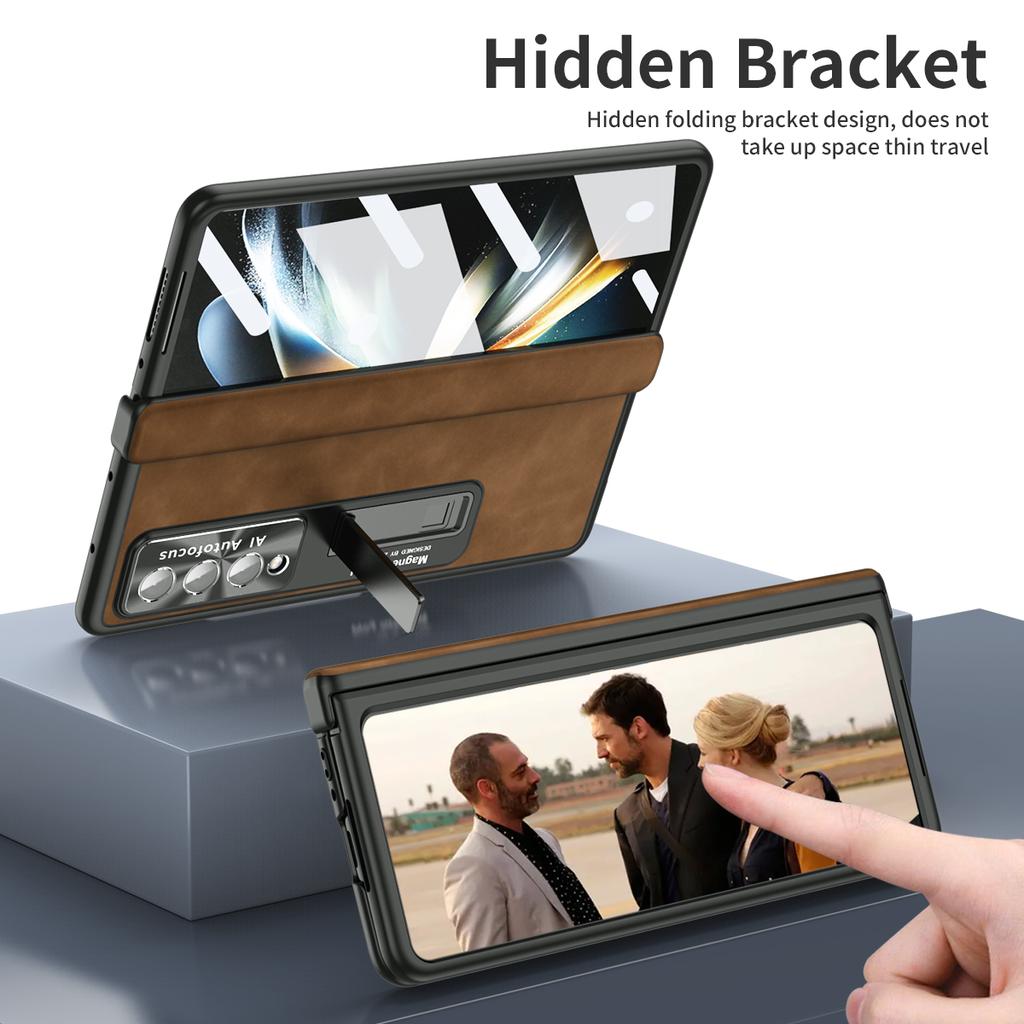 Fashion Front Glass Protector Leather Case For Samsung Galaxy Z Fold4 Zfold4 Fold 3 Fold3 Fold 4 Comfortable Kickstand Cover