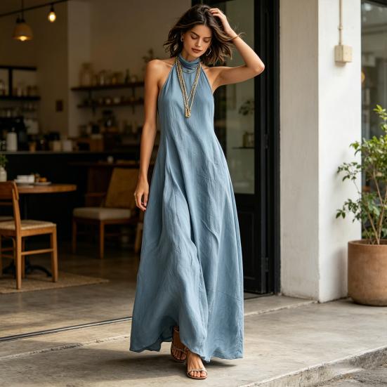 Women Summer Halter Neck Maxi Dress Casual Sleeveless A-line Long Dress Casual Beach Vacation Flowy Sundress