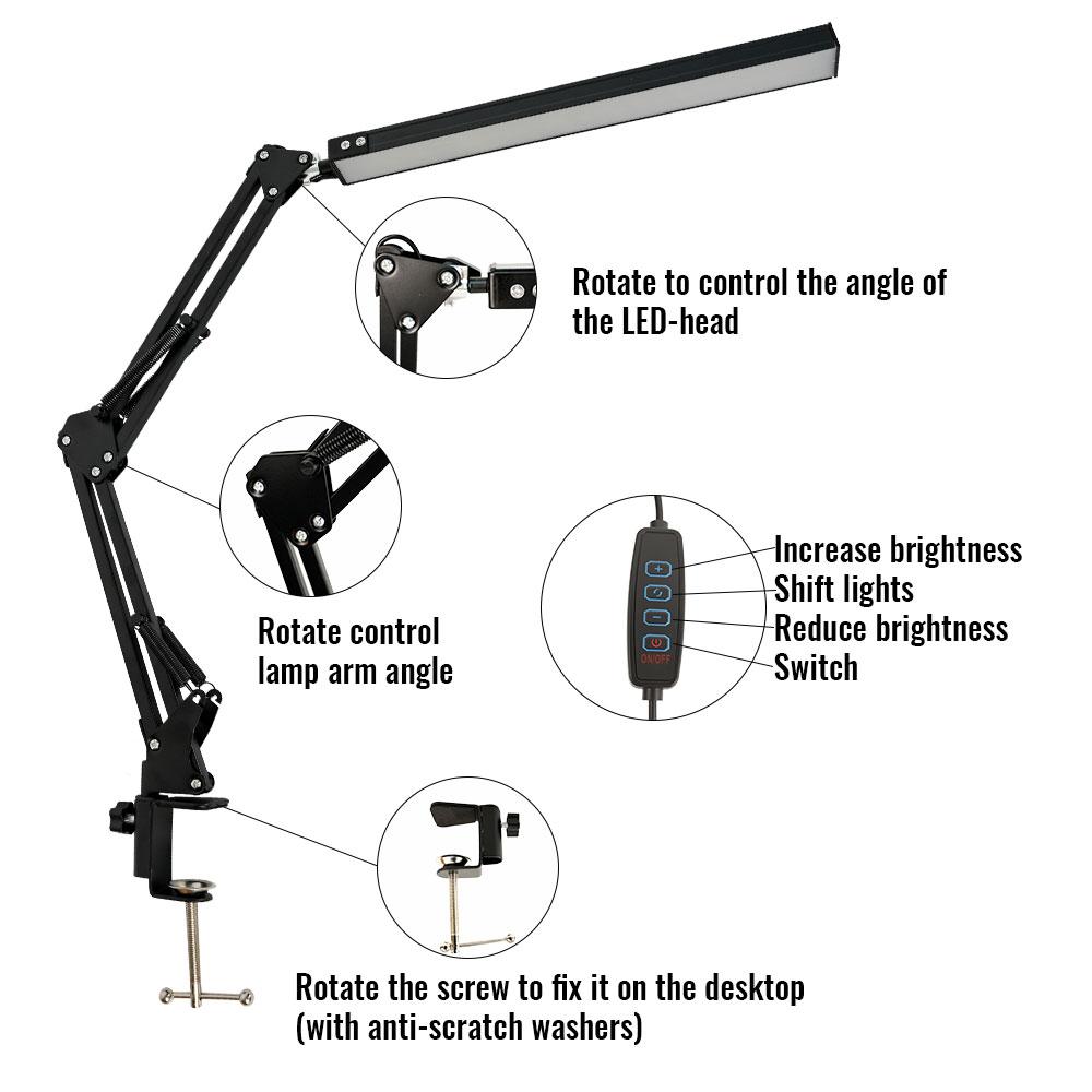LED Desk Lamp With Clamp 10W Adjustable Swing Arm 3 Lighting Modes 10 Brightness Levels Eye-Caring For Office/Study/Reading