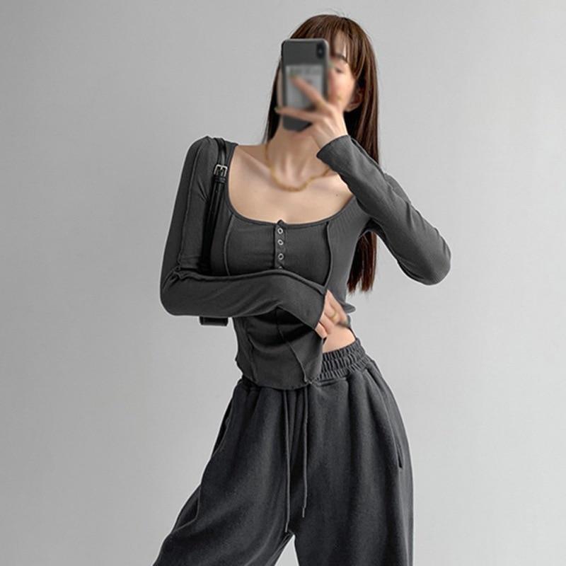 

Женские футболки с квадратным воротником, пуловер, туника с длинным рукавом и пуговицами, базовый топ, повседневные узкие футболки One Size