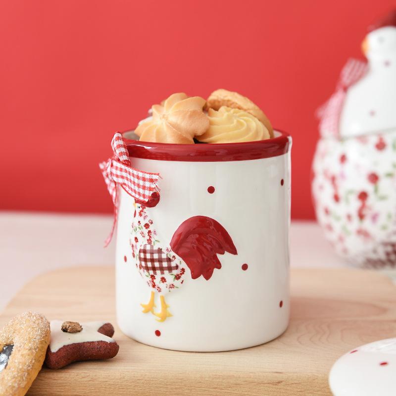 Tableware red floral chicken ceramic sealed jar ceramic storage jar creative chicken shaped storage jar Easter