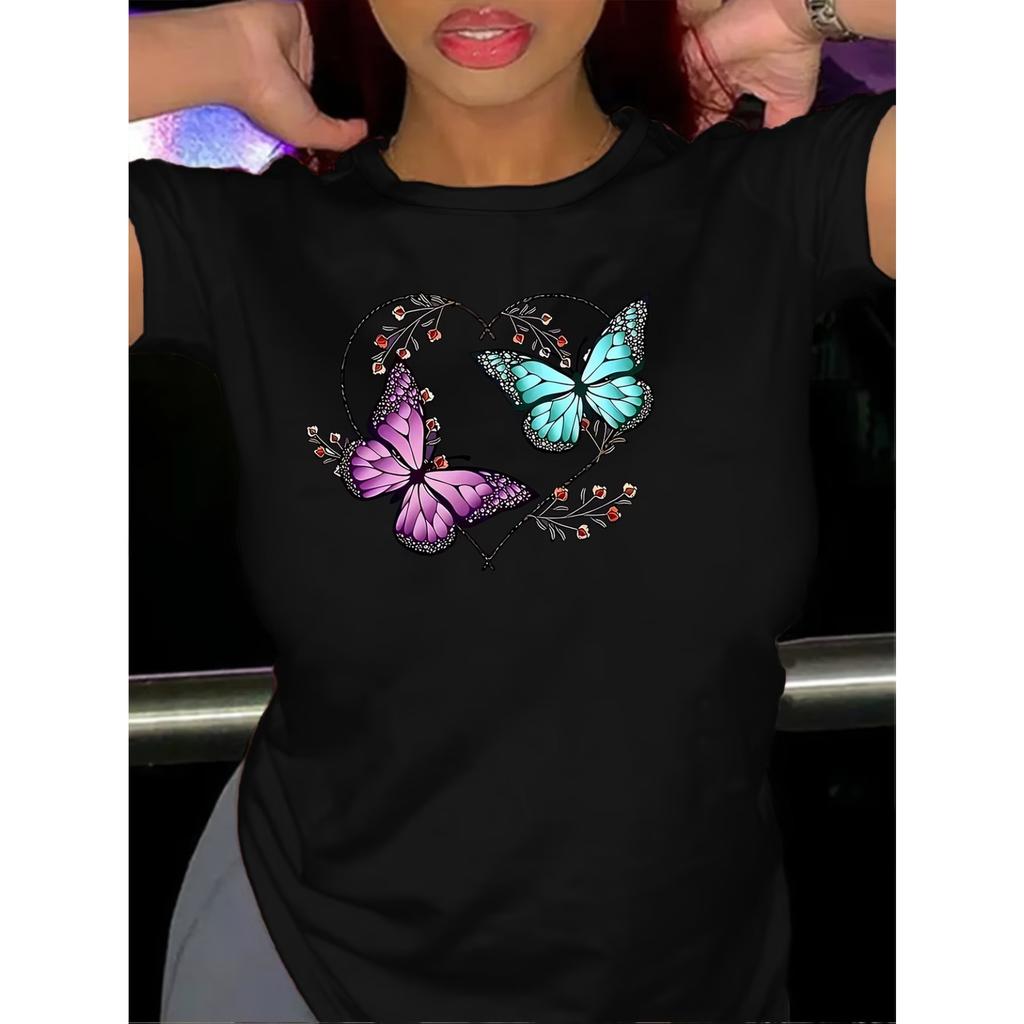 Women'S Butterfly Love Print T-Shirt - Vibrant Colorful Design, Casual Round Neck Short Sleeve Top