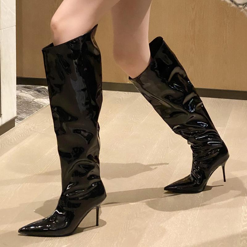 Fashion Eilyken Winter Patent Leather Thin High Heels Knee-High Boots Women Fashion Pointed Toe Wedding Party Pumps Shoes