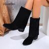 Suede Pointed Toe Mid Heeled Leg Boots for Women Autumn  Retro Thick Heeled Sleeve Boots Black Mid-Calf Botas Mujer Size 36