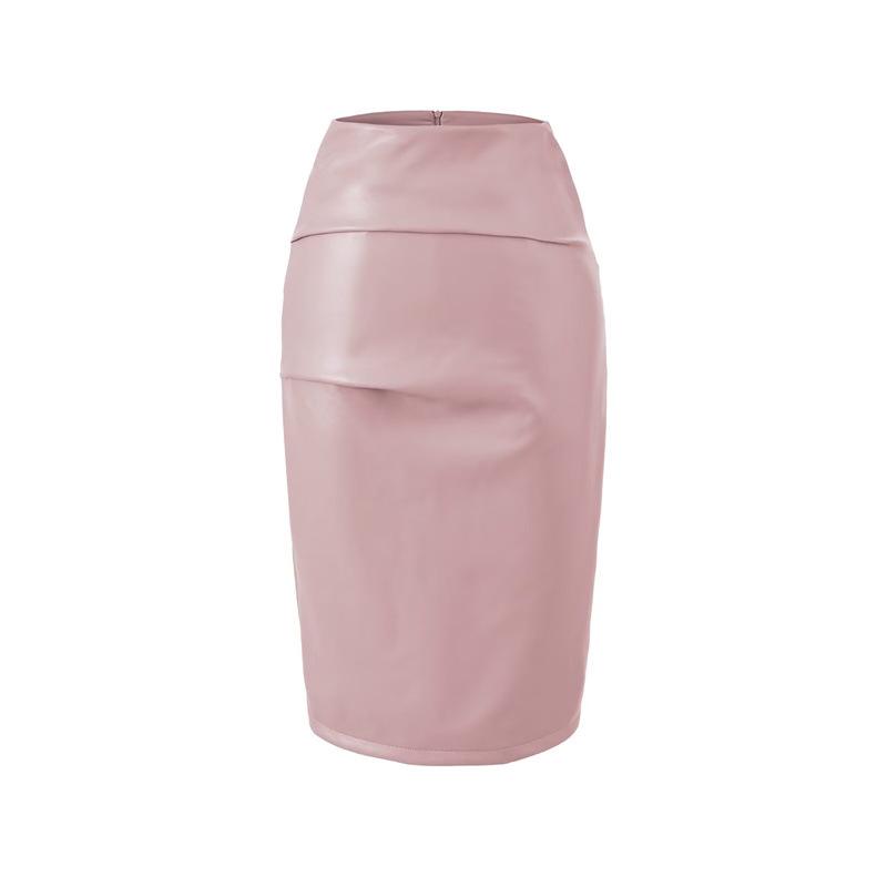 

Elegant High-Waisted Pleated PU Leather Midi Skirt for Women - Retro Style, Slimming, Hip-Hugging Fit Medium розовый