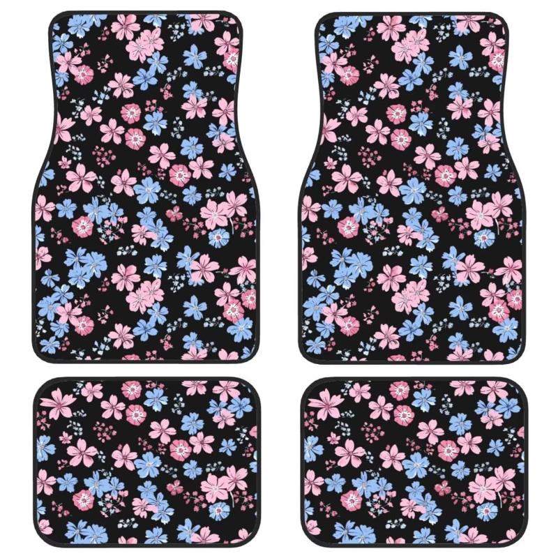 Floral Print Car Floor Mats Cute Flower Front Rear Seat Floor Rugs Carpets Full Set Auto Interior Accessories Decor Gift