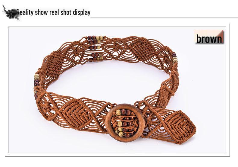 Ethnic Handmade Wax Rope Belt with Wood Buckle and Beads