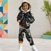 Girls Hooded Long Sleeve Printed Casual Two Piece Outfit Kangaroo Pocket Cuffed Pants