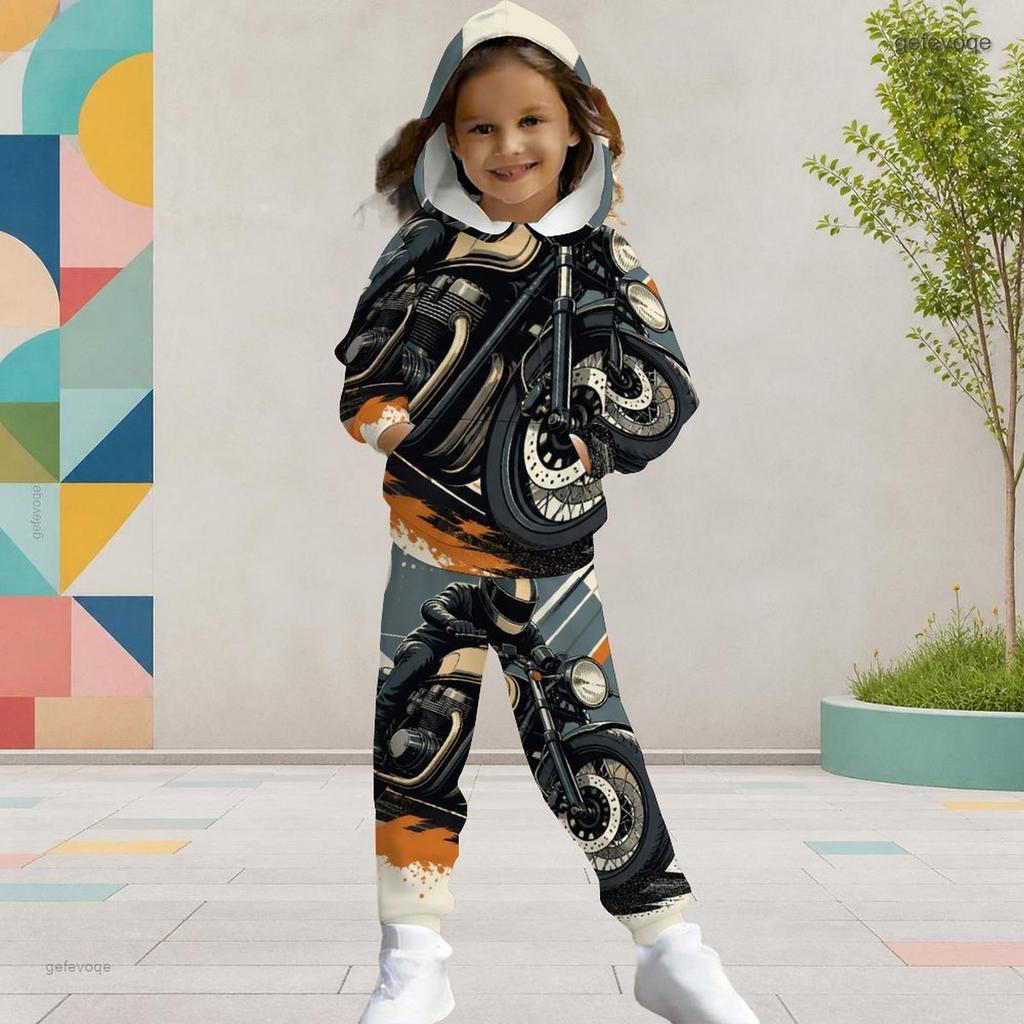 Girls Hooded Long Sleeve Printed Casual Two Piece Outfit Kangaroo Pocket Cuffed Pants